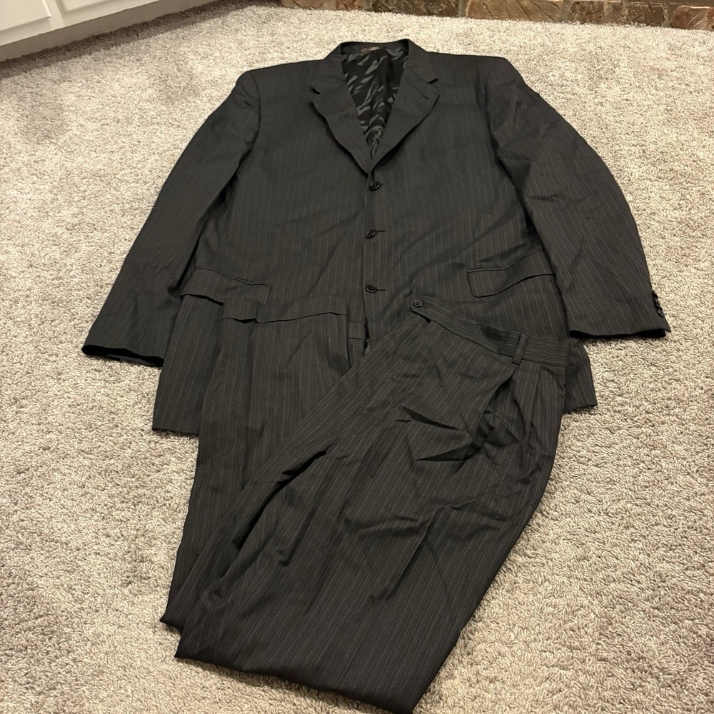Joseph Abboud 2 Piece Suit Mens 48XL 42X32 Black 3 Button Wool Pinstripe 2 Pc